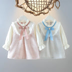 Spring And Autumn New Fake Two Piece Baby Girl Dress, Sweet Bow Grid Children'S Long Sleeve Clothes For 9 Months To 3 Years Old