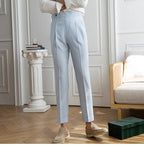 High-end Striped Men's Suit Pants Spring Summer Thin Italian Straight Casual Trousers Blue Paris Buckle Business Trousers