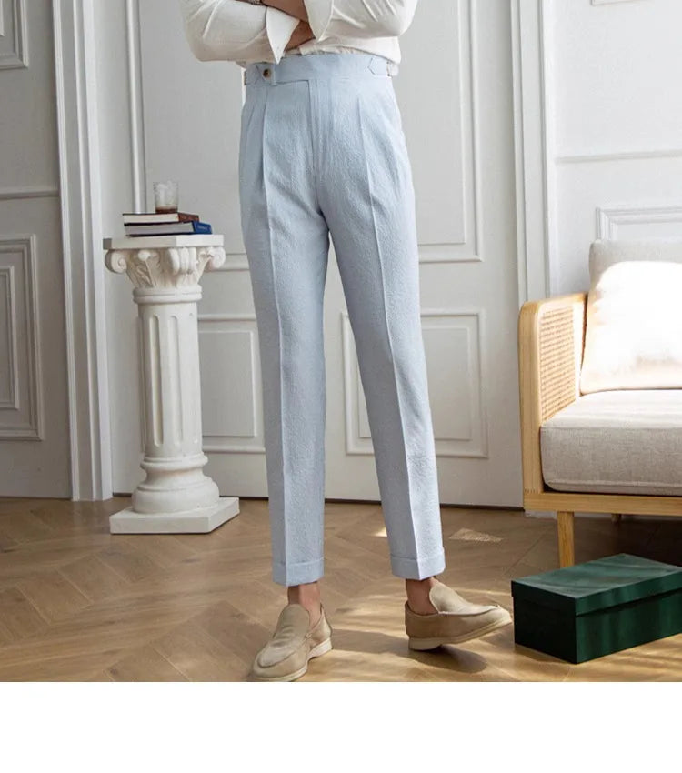 High-end Striped Men's Suit Pants Spring Summer Thin Italian Straight Casual Trousers Blue Paris Buckle Business Trousers