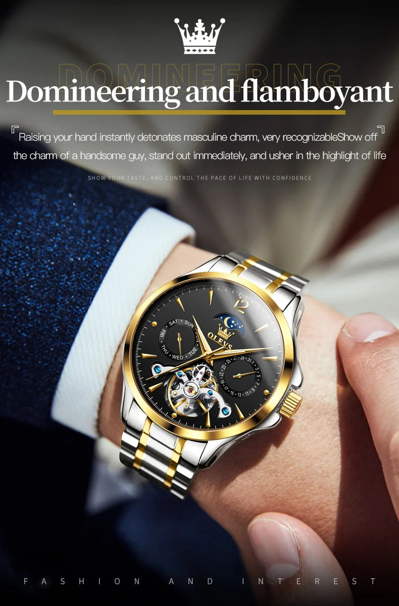 OLEVS 6663 Mens Watch Original Mechanical Watch Tourbillon Waterproof Luminous Leather Strap Moon Phase Day-Date Watch With Box