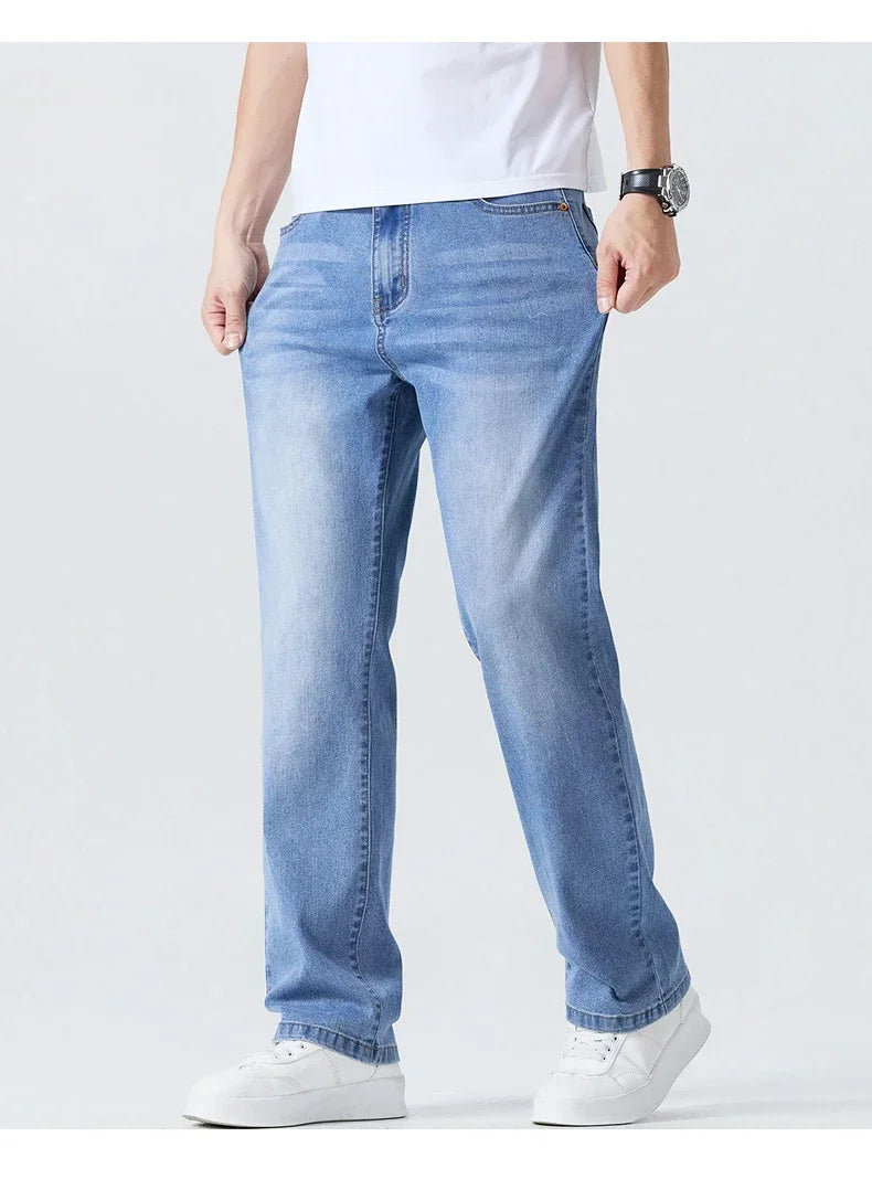 Summer Thin Straight Jeans Men's Clothing Soft Breathable Trousers Male Brand Comfortable Business Loose Denim Pants Retro Y2K