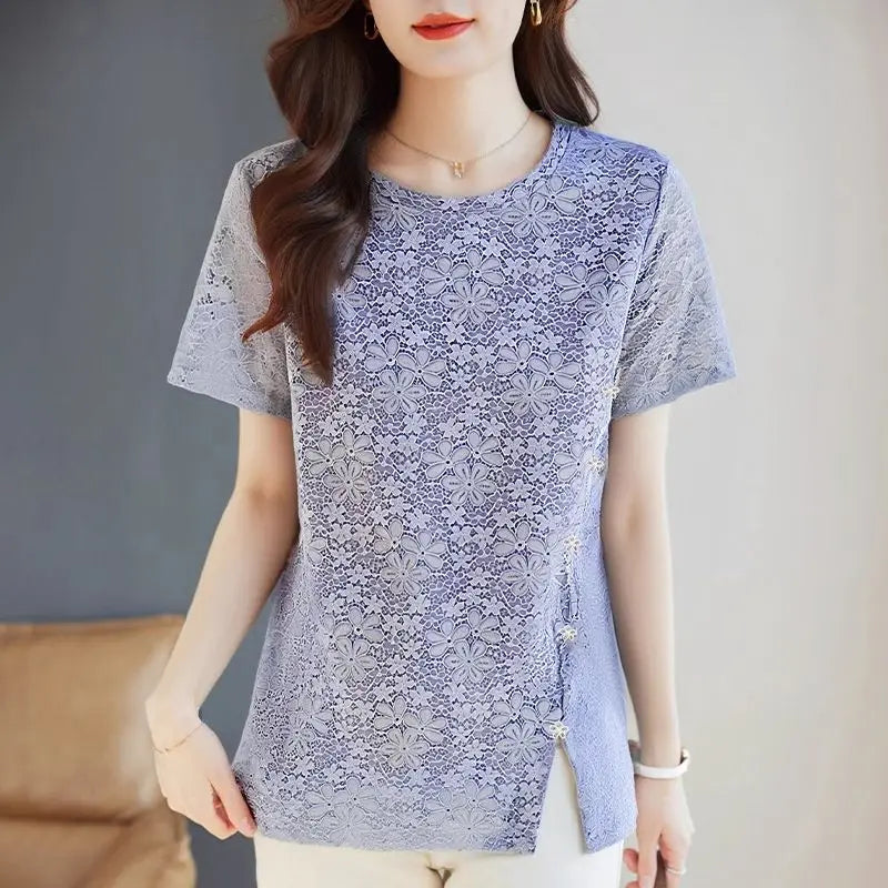 Lace Women's Summer New Fashion Stylish Short Sleeve T-Shirt Plus Size Design Sense Loose Slimming Top