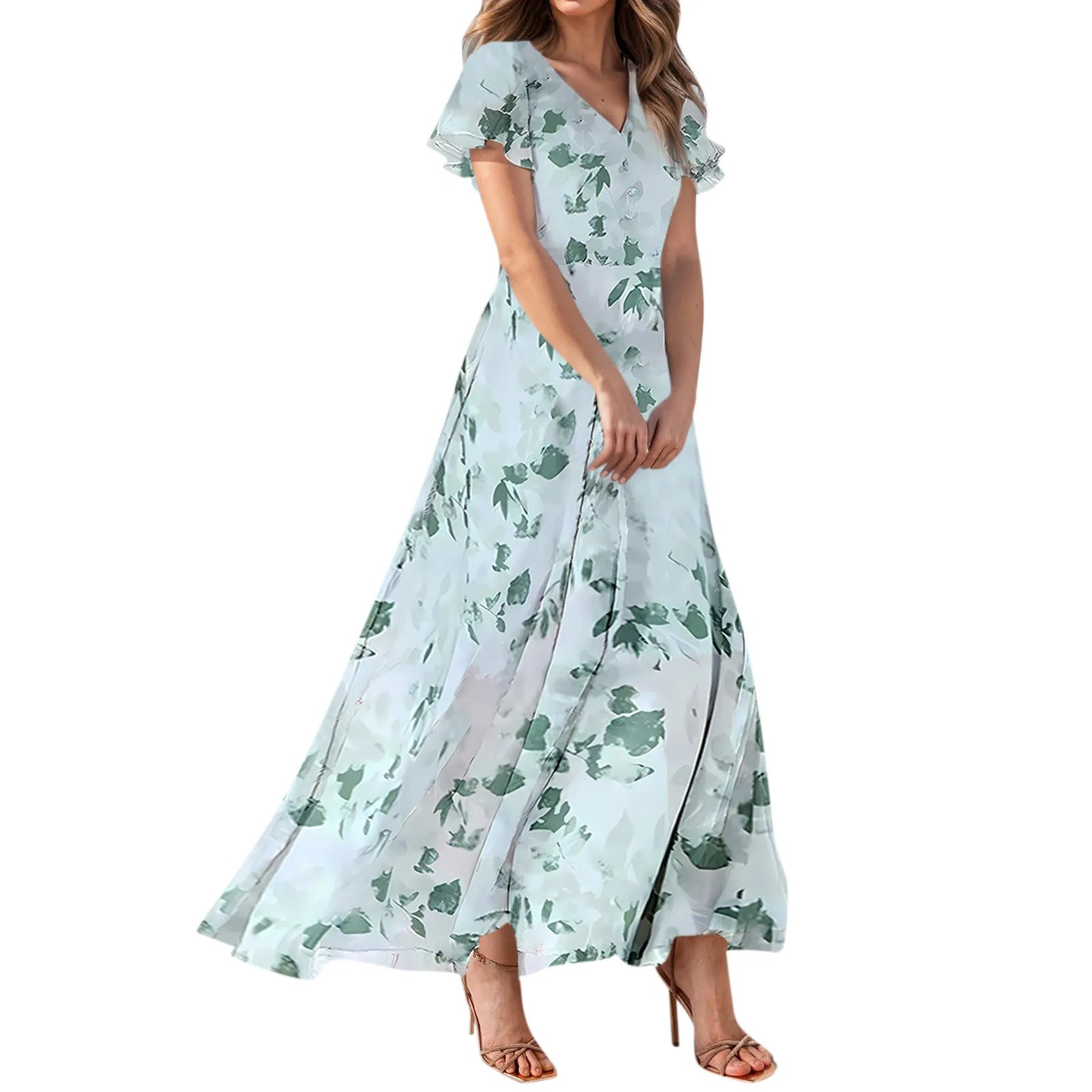 Women V-neck Ruffle Short Sleeve Maxi Dress Waist Tight High-waist Hem Sweet Floral Print Elegant Dress Female Clothing Vestidos