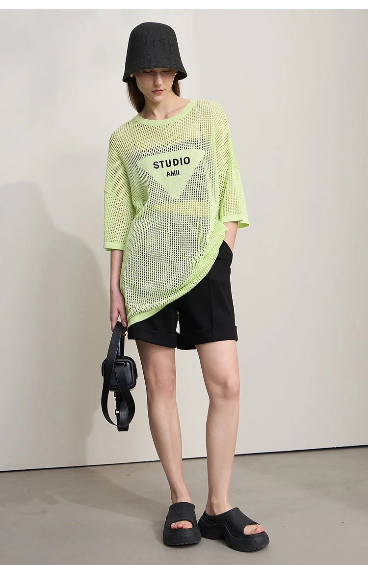 Amii Minimalist Women's Knitted Pullovers 2025 Summer Crew Neck Short-sleeved Casual Mid Long Loose Letter Jacquard Top 12542048