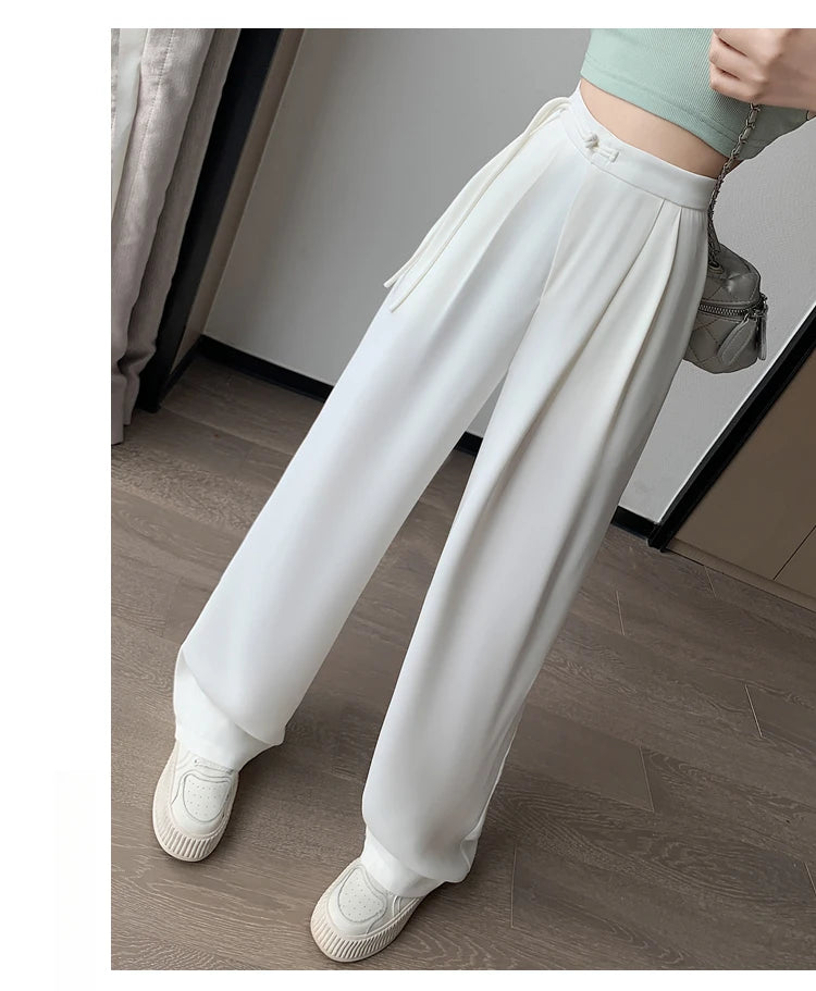 2025 New Spring Summer Tapered Wide Leg Suit Pants White High Waist Drop Hem Loose Straight Casual Slim Fit Trousers Female