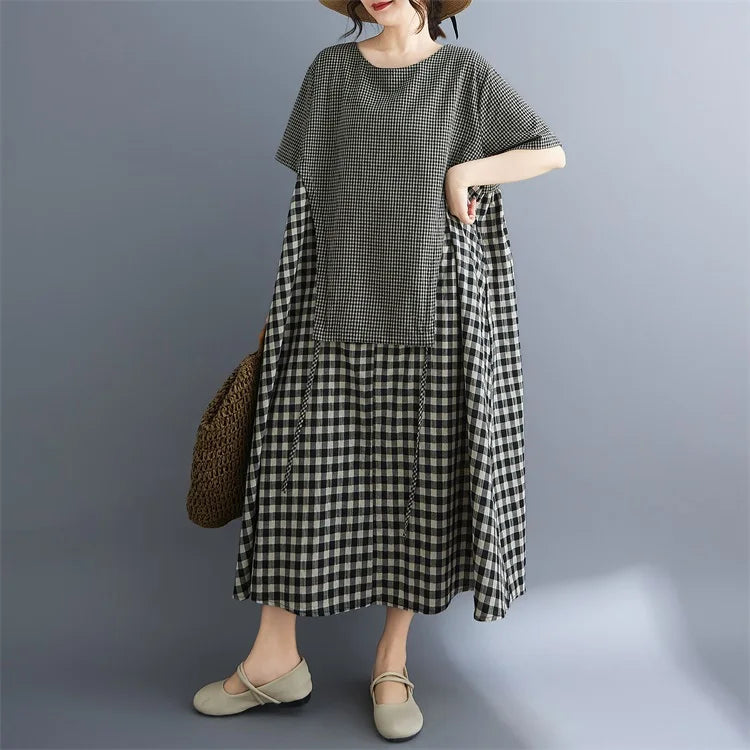 Short sleeve oversized vintage plaid patchwork new in dresses for women casual loose long summer dress elegant clothing 2025