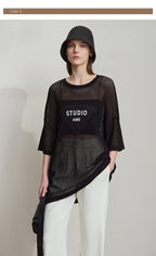 Amii Minimalist Women's Knitted Pullovers 2025 Summer Crew Neck Short-sleeved Casual Mid Long Loose Letter Jacquard Top 12542048