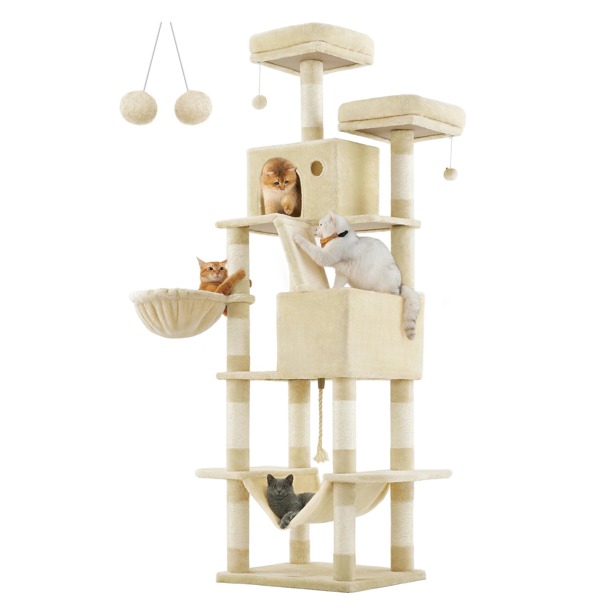 Feandrea Cat Tree, Height 206 cm, with 13 Scratching Posts, 2 Platform, 2 Kennels, Basket, Hammock, Pompom