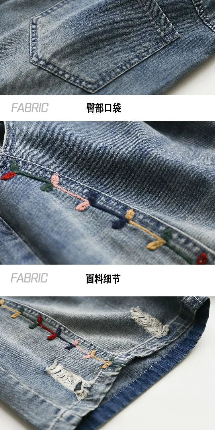 Vintage Jeans Shorts Women Summer Floral Embroidery Elastic High Waist Denim Shorts Design Wide Leg Trousers Blue Black Shorts