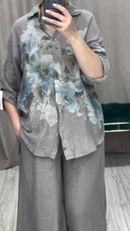 Two Piece Set Islam Muslim Women Tops Flower Print Shirt Wide Leg Pants Suits Ramadan Turkey Modest Ensembles Morocco Outfits