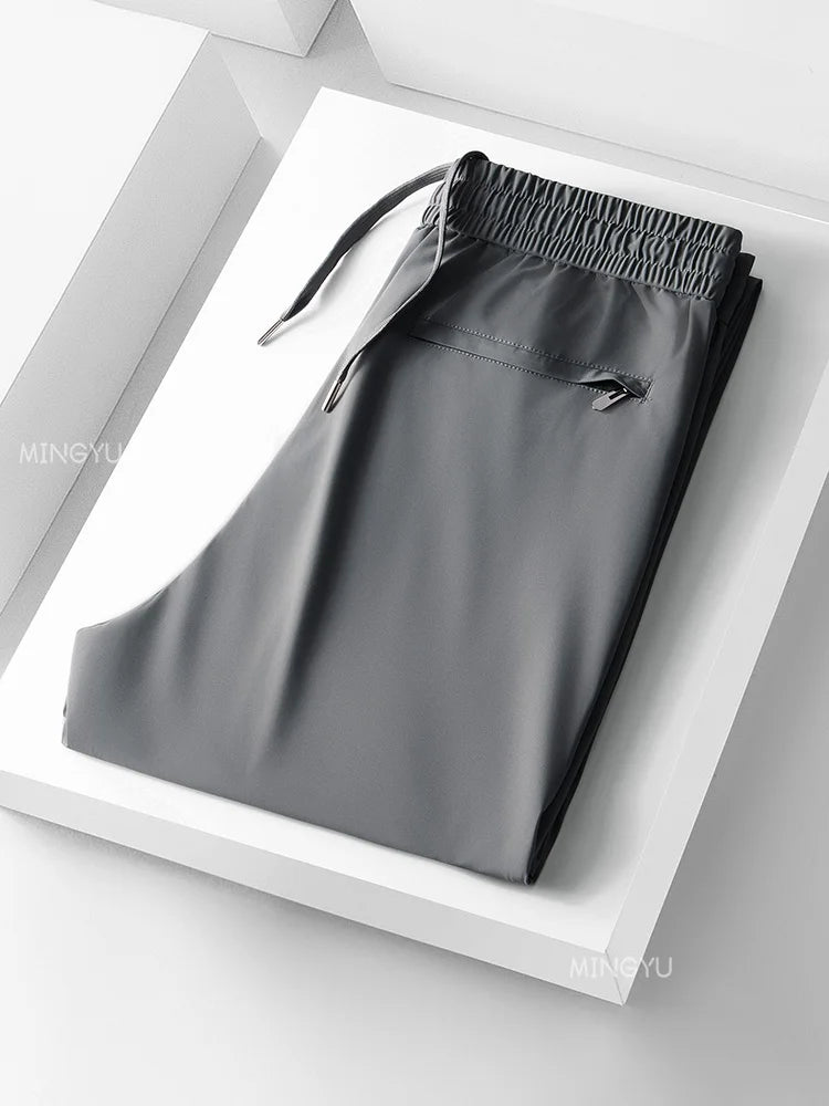 Summer High Stretch Smooth Ice Silk Casual Pants Man Thin Soft Elastic Waist Korean Grey Sweatpants Sports Jogging Trousers Male