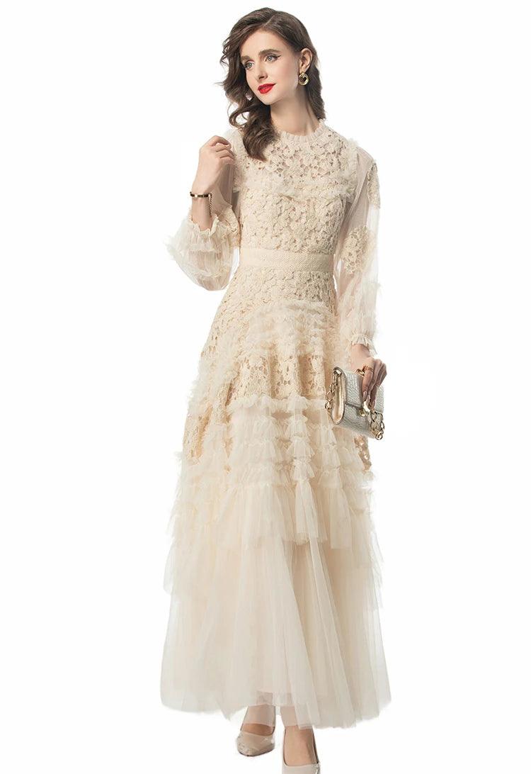 LD LINDA DELLA Fashion Designer Summer Dress Women's Vintage Solid Color Temperament Net Yarn Embroidery Cascading Ruffle Dress