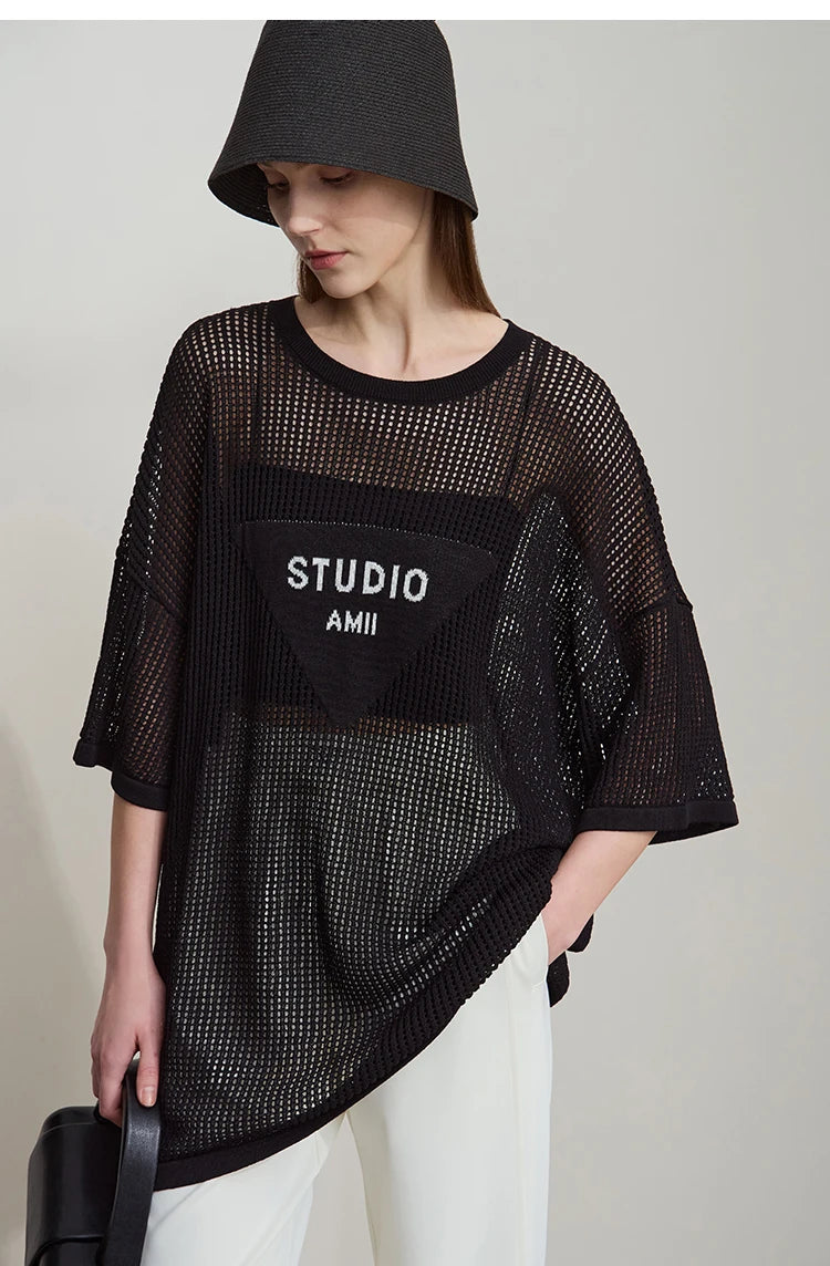 Amii Minimalist Women's Knitted Pullovers 2025 Summer Crew Neck Short-sleeved Casual Mid Long Loose Letter Jacquard Top 12542048