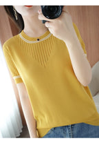 Women New Summer Short-sleeved Tees O-Neck Slim 100% Cotton Linen Hollow Pullover T-shirt Knitted Base Casual Sweater