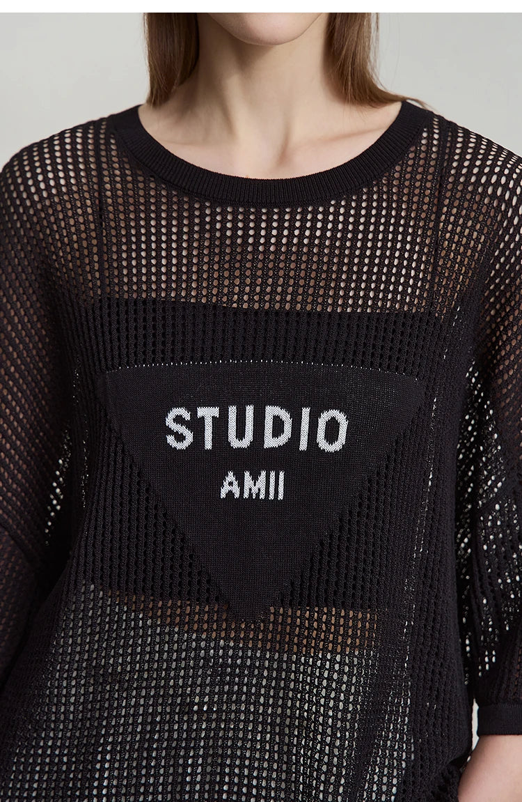 Amii Minimalist Women's Knitted Pullovers 2025 Summer Crew Neck Short-sleeved Casual Mid Long Loose Letter Jacquard Top 12542048
