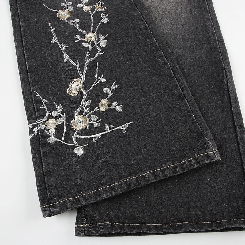 Floral Embroidery Jeans Women Y2K Streetwear Baggy Denim Pants Vintage 2000S Low Rise Flared Jeans Female High Street Trousers