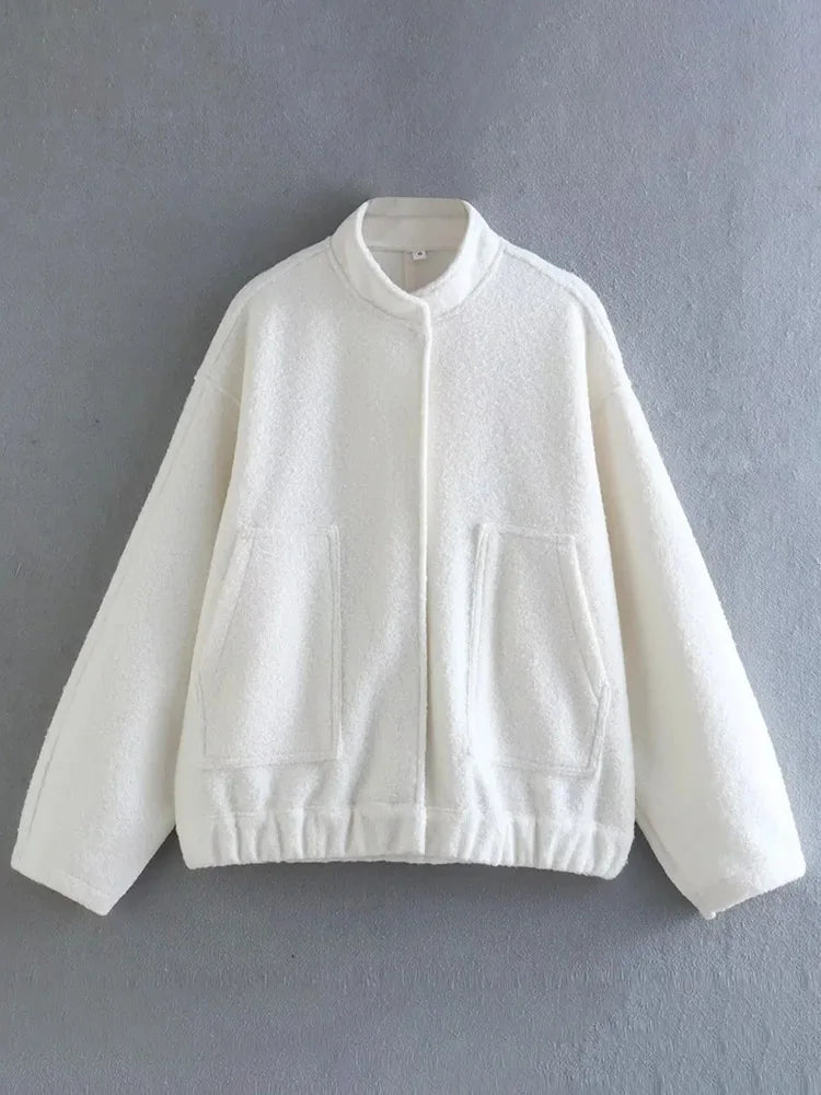MiuKoMiYa Army Green Short Wool Blend Bomber Jackets For Women Winter Outdoor Women's Woolen Blend Coat Women Loose Wool Jacket