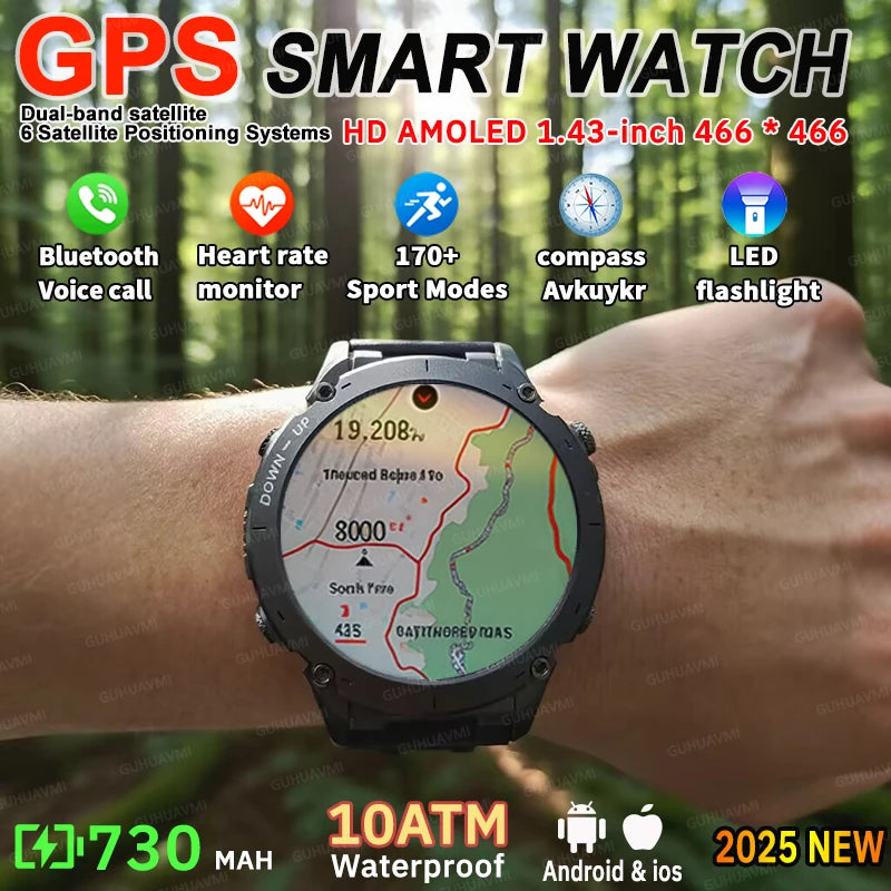 Men New Outdoors Sports Military GPS SmartWatch 10ATM Waterproof 730mAh High Battery Compass NFC HD Call For Huawei Xiaomi Watch
