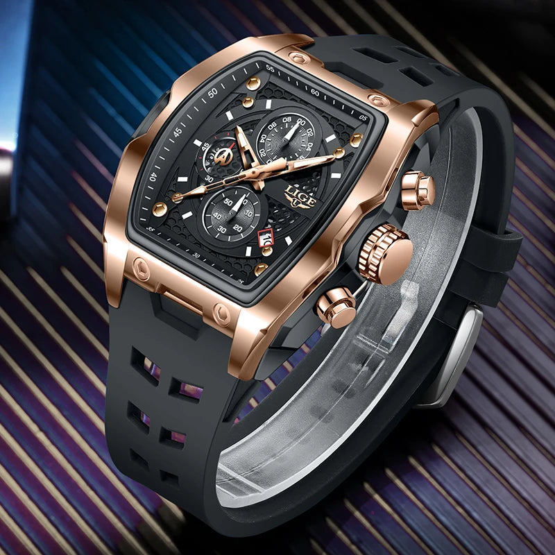 LIGE Quartz Mens Watches Fashion Business Military Wrist Watch For Men Silicone Sport Waterproof Chronograph Square Watch Men
