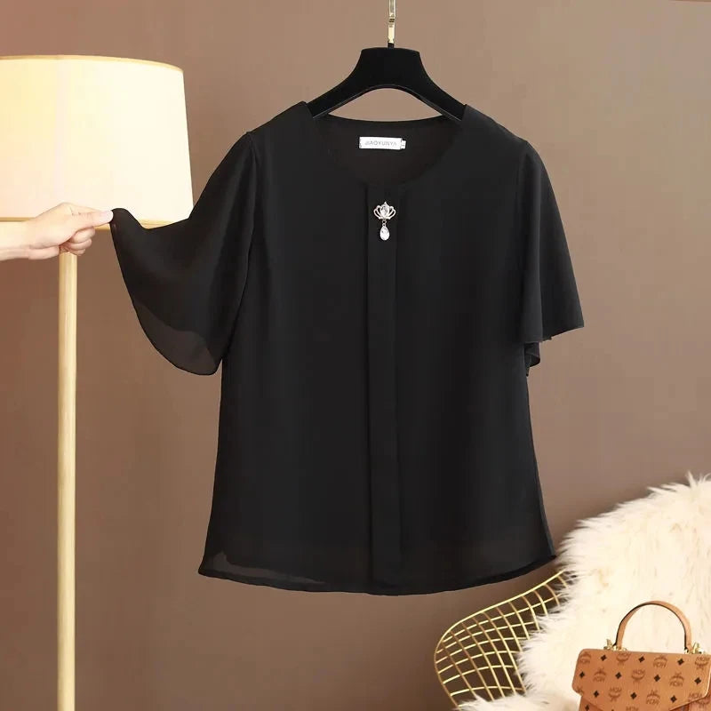 Women Blouse And Tops Summer Short Sleeve Chiffon T-shirt Middle Age Female Fashion Pullover Tshirts Shirts Large Size L-6XL