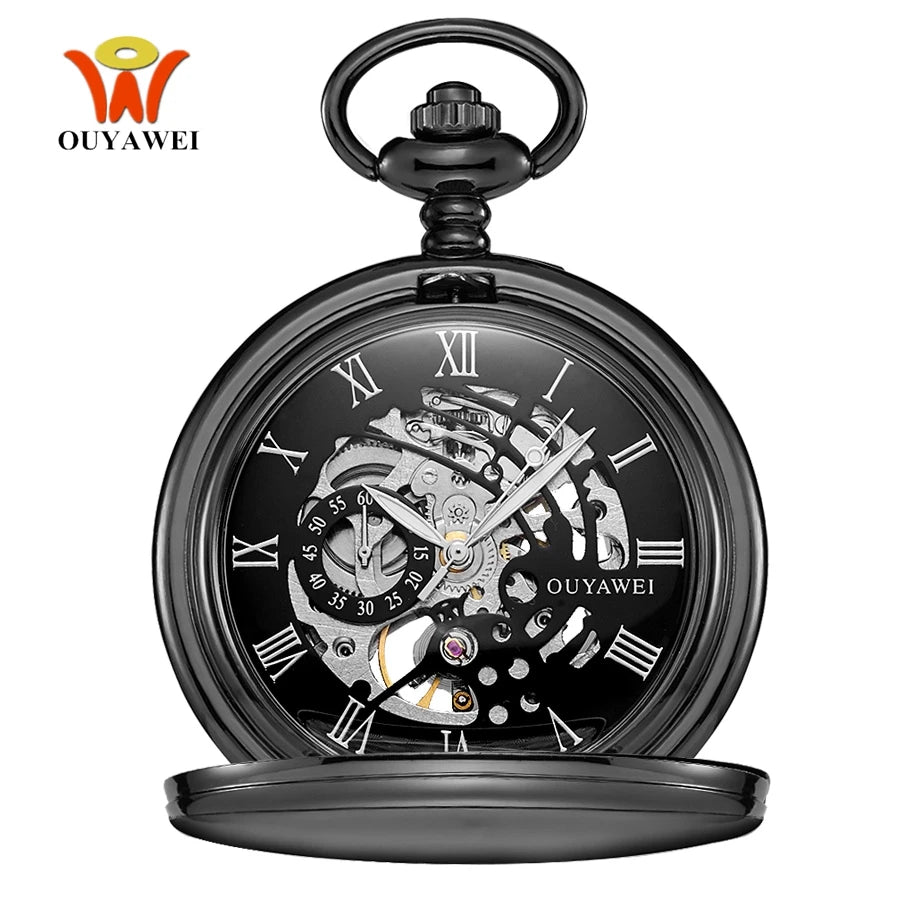 New OYW Brand Stainless Steel Men Fashion Casual Pocket Watch Skeleton dial Silver Hand Wind Mechanical Male Fob Chain Watches