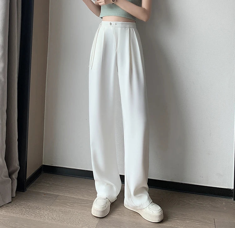 2025 New Spring Summer Tapered Wide Leg Suit Pants White High Waist Drop Hem Loose Straight Casual Slim Fit Trousers Female