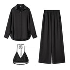 TWOTWINSTYLE Solid Three Piece Set for Women Lapel Long Sleeve Loose T Shirts Halter Vest High Waist Pant Sets Female