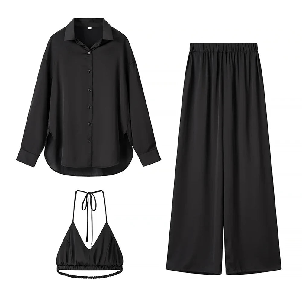 TWOTWINSTYLE Solid Three Piece Set for Women Lapel Long Sleeve Loose T Shirts Halter Vest High Waist Pant Sets Female