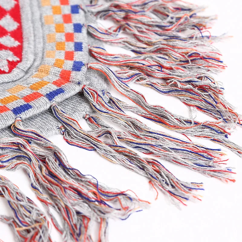 Peruvian National Style Fashion Tassel Travel Coat Shawl Cloak Women's Autumn Winter Warm Cover Lady Ponchos Capes Red