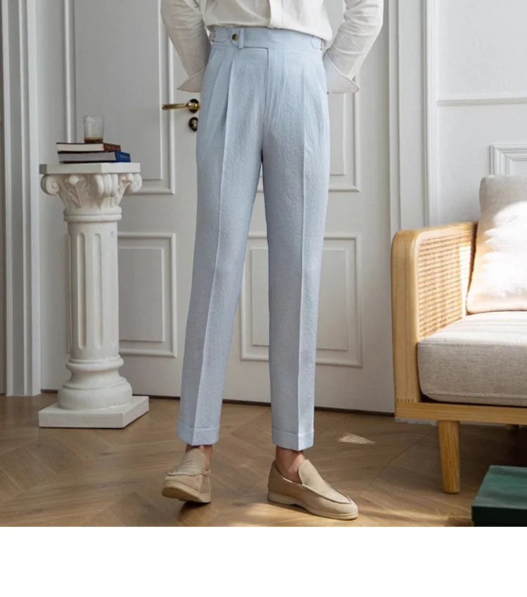 High-end Striped Men's Suit Pants Spring Summer Thin Italian Straight Casual Trousers Blue Paris Buckle Business Trousers