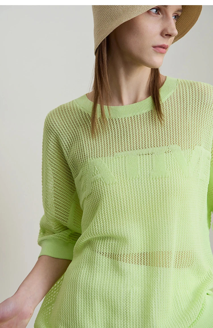 Amii Minimalist Women's Hollowed-out Knitted Pullover 2025 Summer New Half-sleeve Crew Neck Loose Blouse Thin Solid Top 12542139