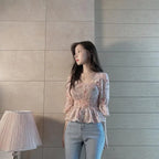 Chiffon Shirt for Women New Floral Flared Sleeves Wrapped in Chest and Waist to Make Them Look Slim Top for Women