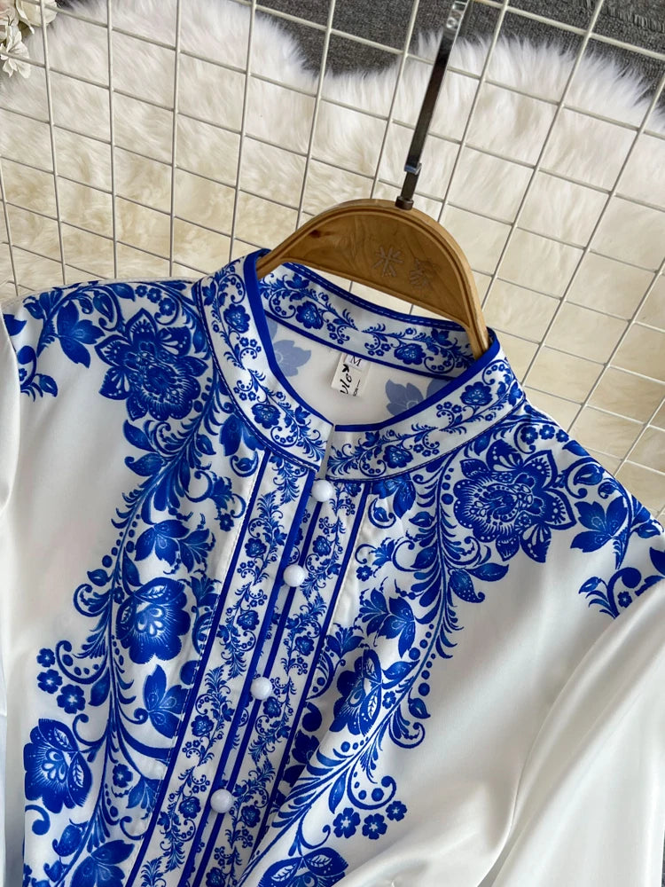 Spring Maxi Belt Dresses for Women Chic Vintage Printing Robe Femme Stand Neck Tunic Lantern Sleeve Dress 2024 Vestidos De Mujer