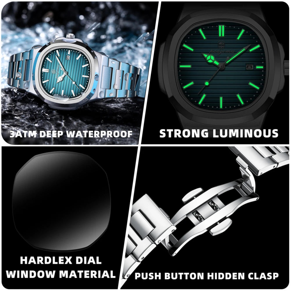 PENGAGAR Trend Men's Watches Classic Fashion Original Quartz Watch for Man Square Dial Waterproof Luminous Date Wristwatch Reloj