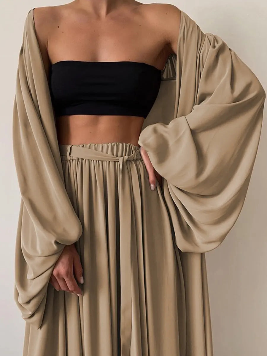 Spring Summer Women's 3pcs Suit Sexy Puff Sleeve Jacket Ladies Temperamental Commute Wide Leg Trousers Fashion Sets 2025 New