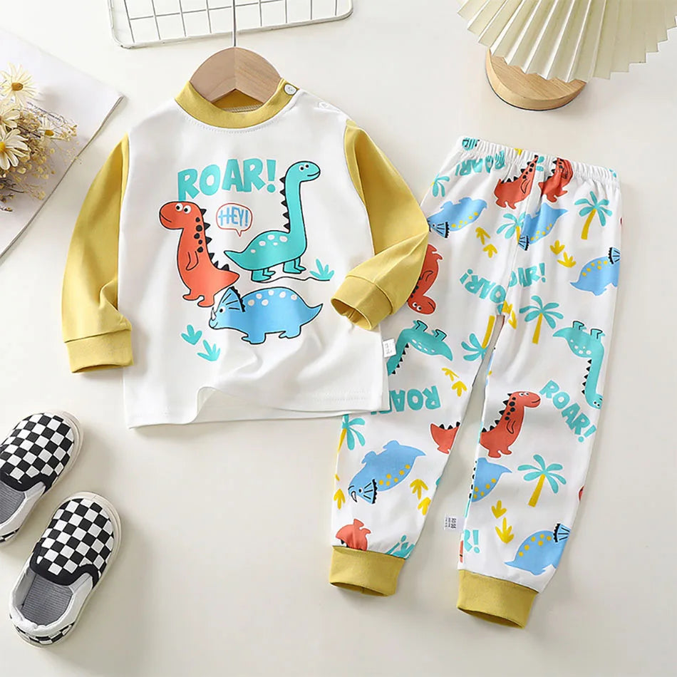 Spring Autumn Sleepwear Kids Comfort Cotton Pajamas Set Durable and Soft Unisex Cartoon Dinosaur for Boy Girl Children Clothes