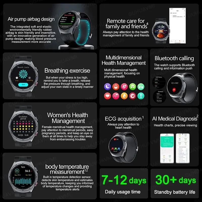 Sapphire Glass AMOLED Blood Pressure Smart Watches ECG Blood Oxygen Blood Pressure Air Pump Sport Health Tracking Smartwatch NFC
