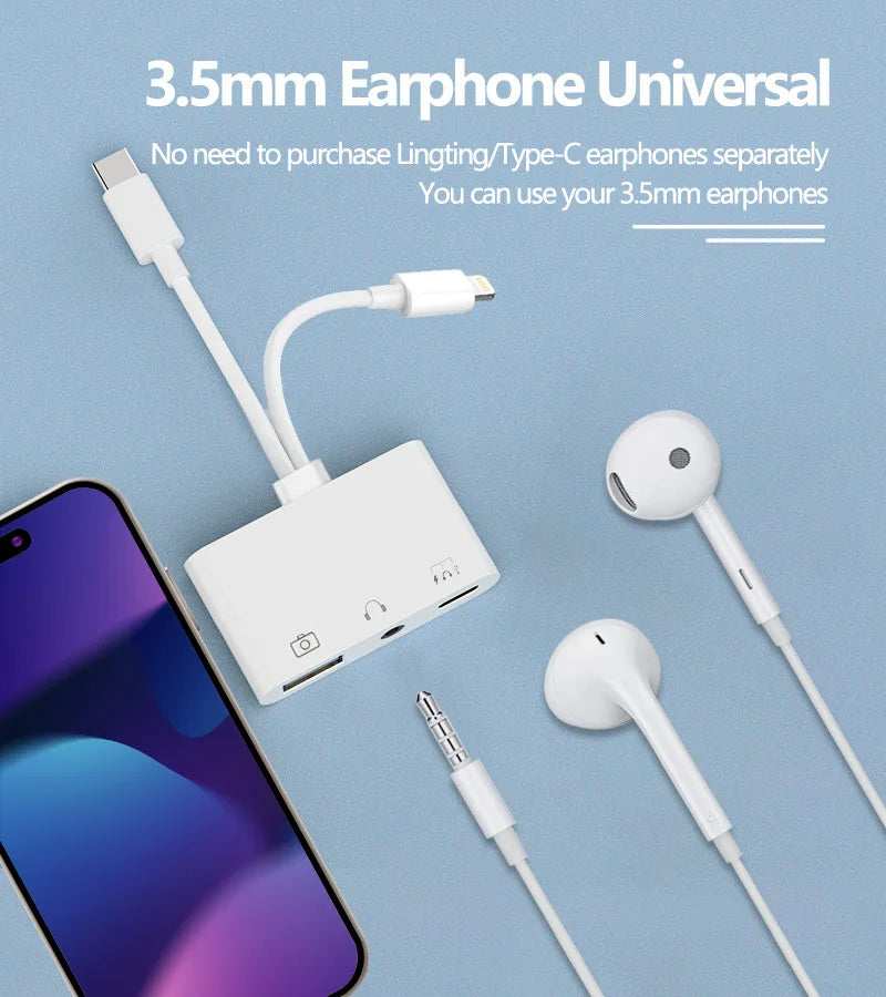 Byscoon Lightning/Type C to USB 3.0 /3.5mm/Type C OTG Adapter 3.5mm Audio Jack Splitter for iPhone14/13/12/iPad with Charging