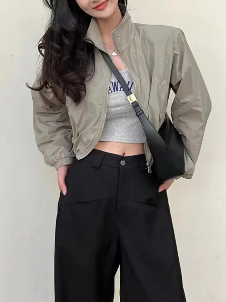 Autumn Vintage Women's Windbreaker Cropped Jackets Harajuku Oversized Streetwear Long Sleeve Casual Fashion Female Elegant Top