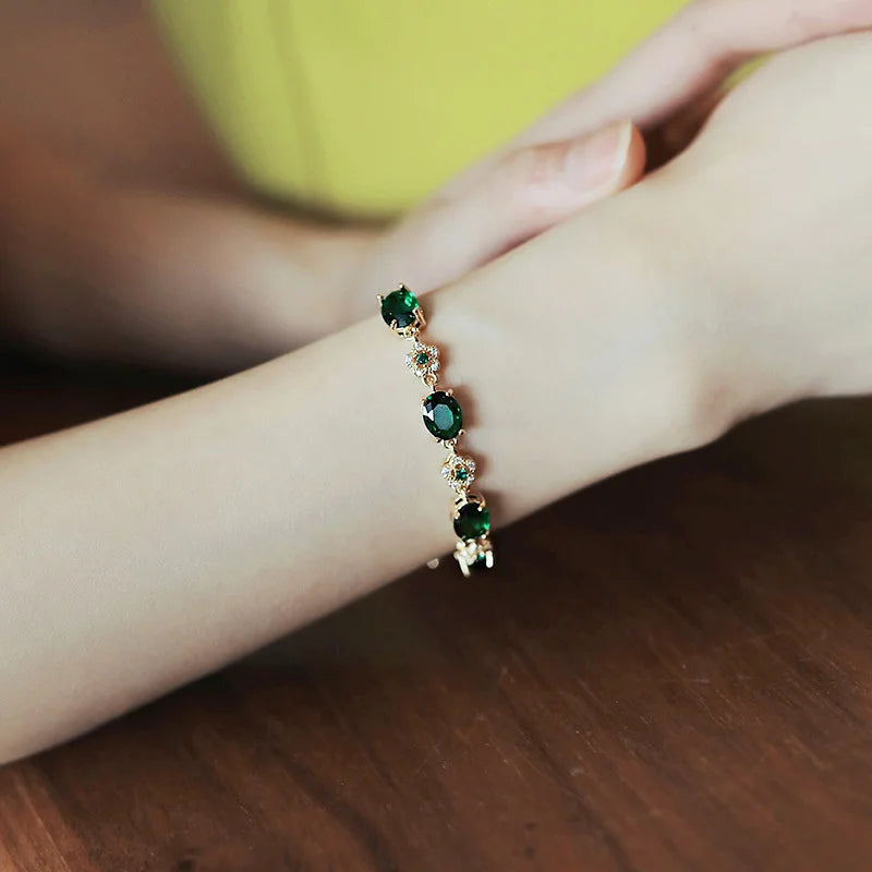 Elegant Green Rhinestone Crystal Bracelet Gold Color Link Chain Bracelets For Women Vintage Party Wedding Bridal Jewelry Gifts