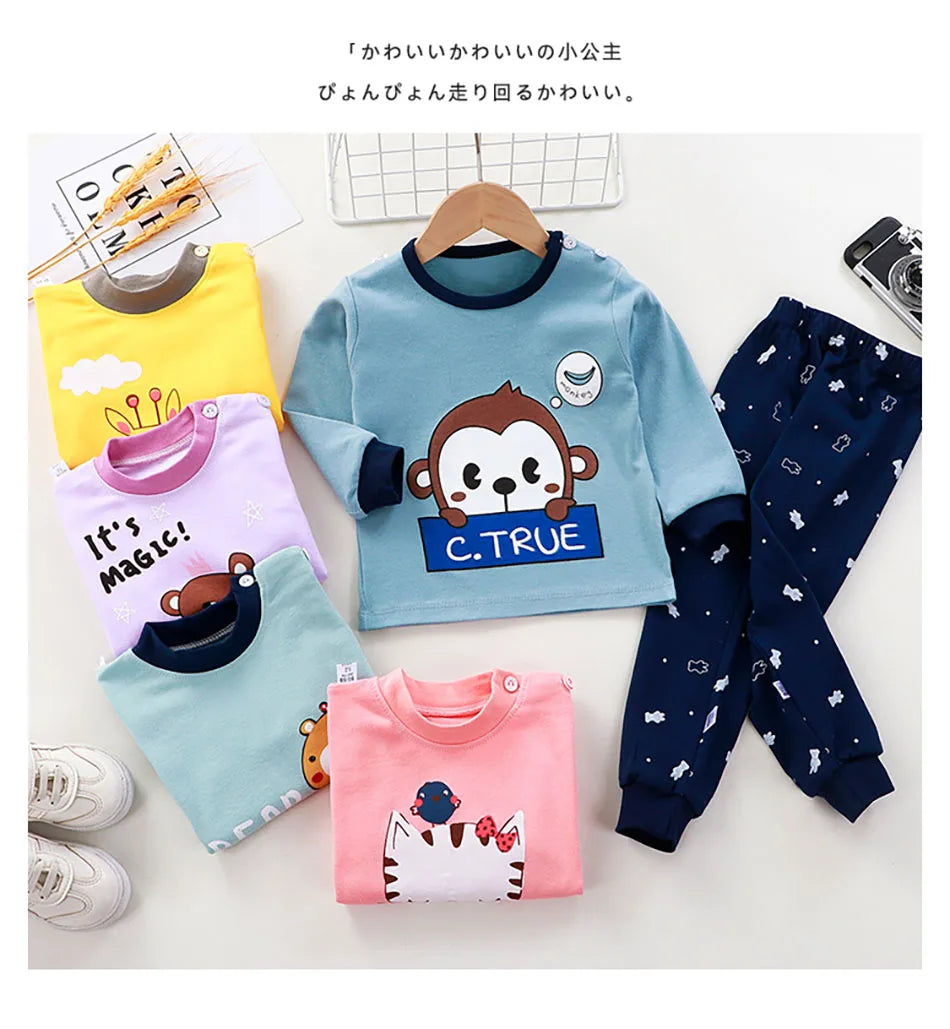 Spring Autumn Sleepwear Kids Comfort Cotton Pajamas Set Durable and Soft Unisex Cartoon Dinosaur for Boy Girl Children Clothes