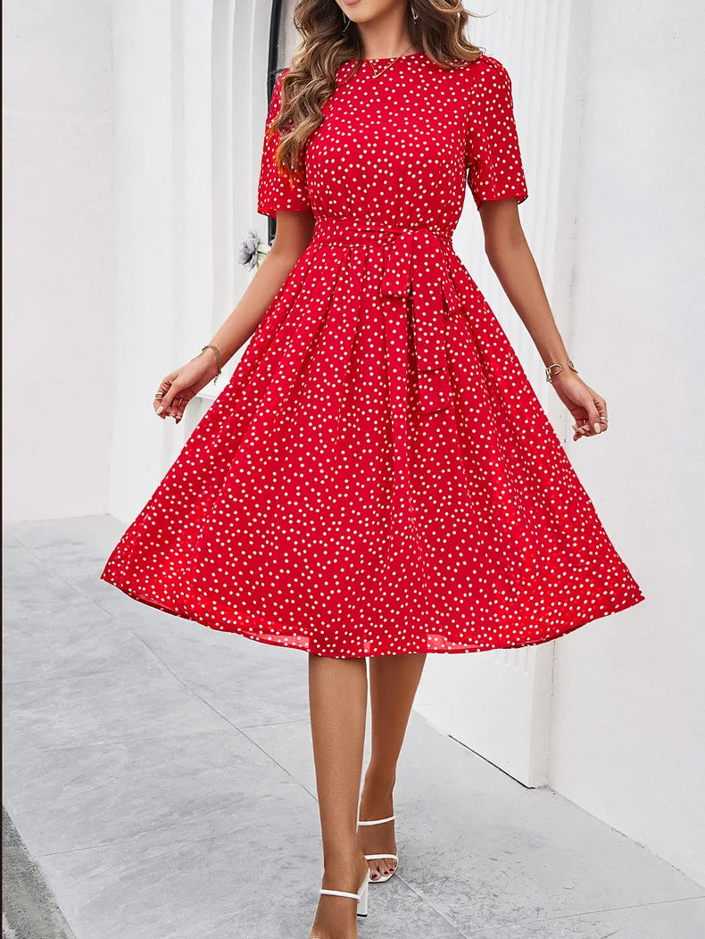 Casual Loose Printed Dot Short Dresses For Women 2025 Fashion Summer Women's A-Line Midi Dress Elegant Vintage Female Dresses