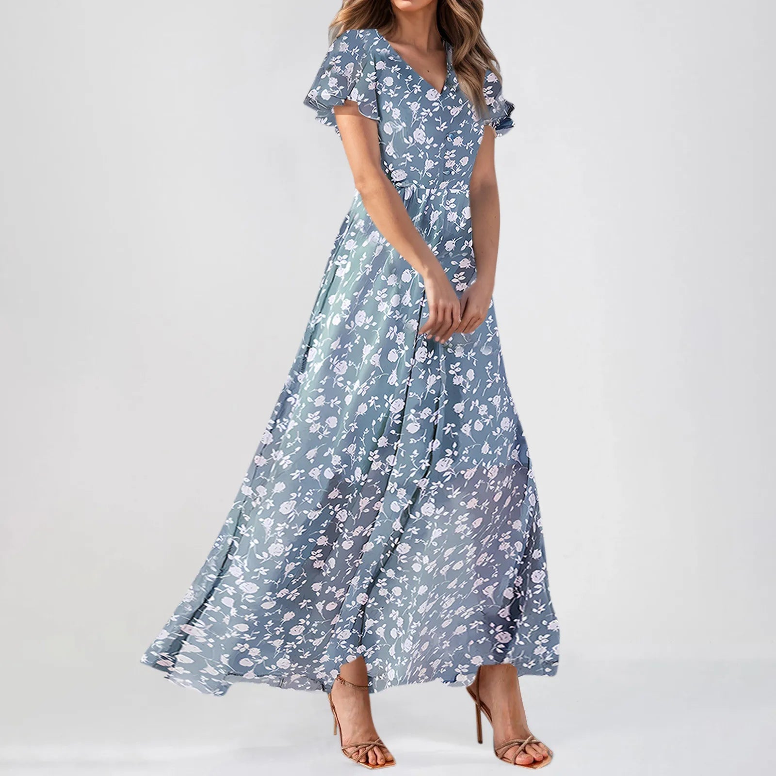 Women V-neck Ruffle Short Sleeve Maxi Dress Waist Tight High-waist Hem Sweet Floral Print Elegant Dress Female Clothing Vestidos