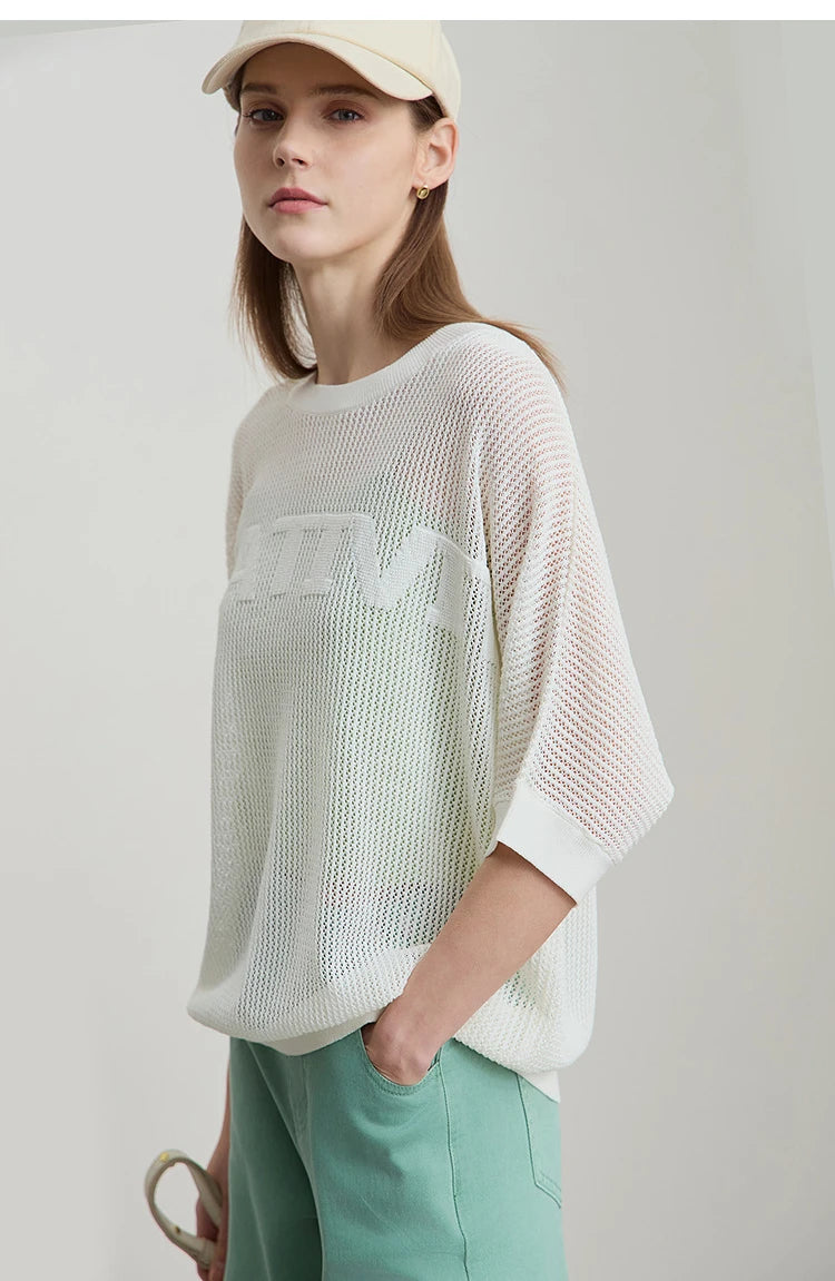 Amii Minimalist Women's Hollowed-out Knitted Pullover 2025 Summer New Half-sleeve Crew Neck Loose Blouse Thin Solid Top 12542139