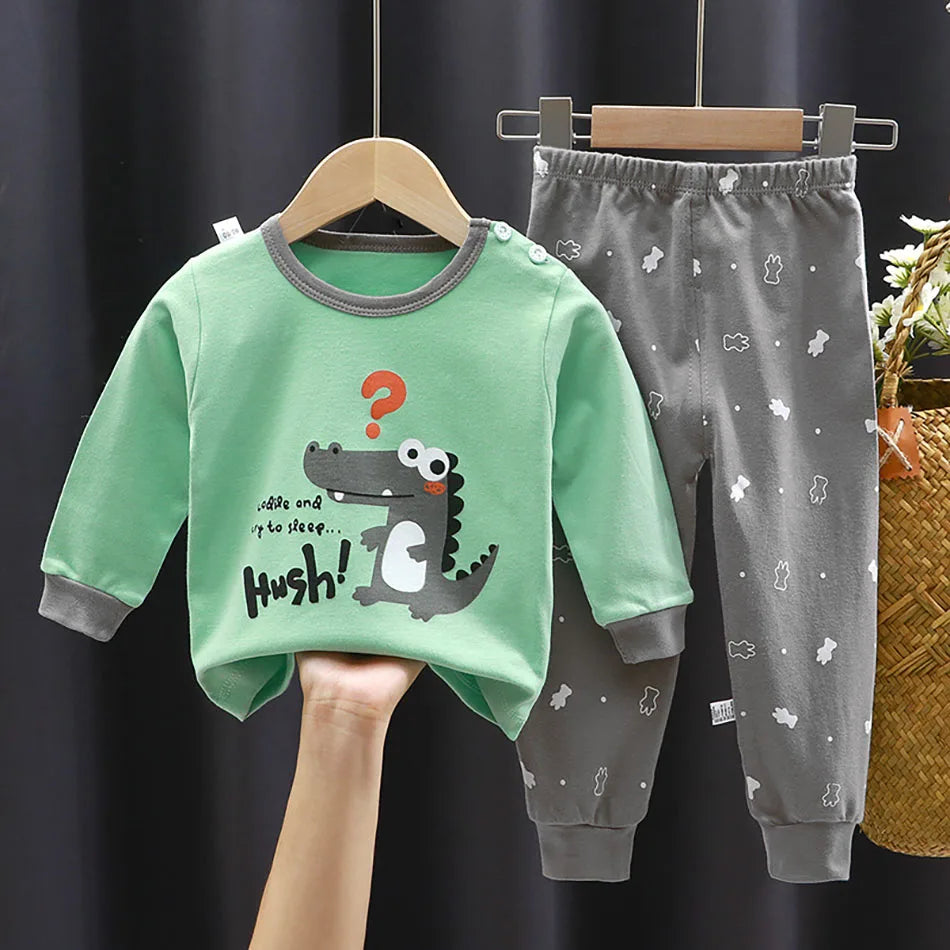 Spring Autumn Sleepwear Kids Comfort Cotton Pajamas Set Durable and Soft Unisex Cartoon Dinosaur for Boy Girl Children Clothes