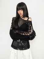 Y2K Hollow Out Knitted Pullovers Women Korean Harajuku Oversized Sweater Summer Sexy Slash Collar Long Sleeve Sunscreen Jumper