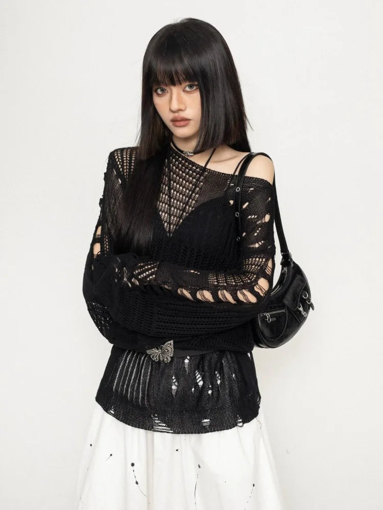 Y2K Hollow Out Knitted Pullovers Women Korean Harajuku Oversized Sweater Summer Sexy Slash Collar Long Sleeve Sunscreen Jumper