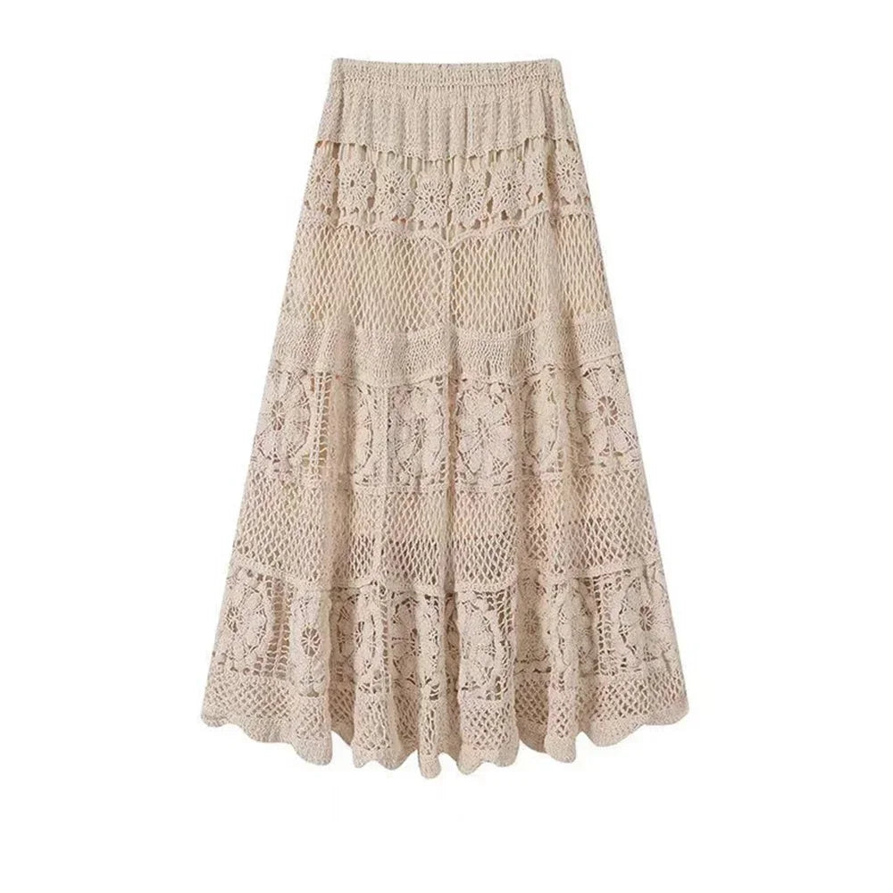 Mid Long Skirt Vintage Women Knitted Skirt 2025 Spring Summer High Waist Holllow Out Crocret Floral Pleated Skirts Lace Elegant