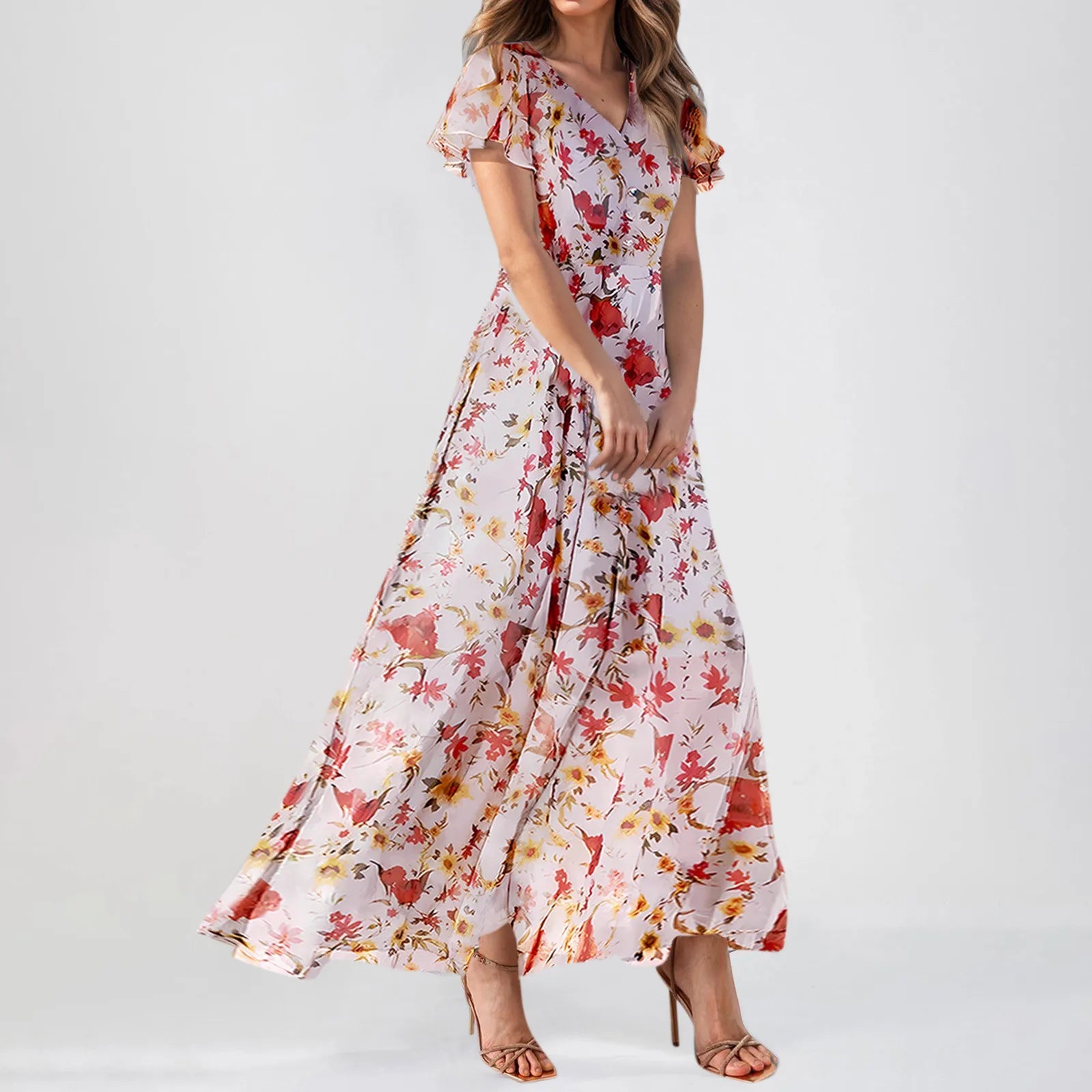 Women V-neck Ruffle Short Sleeve Maxi Dress Waist Tight High-waist Hem Sweet Floral Print Elegant Dress Female Clothing Vestidos
