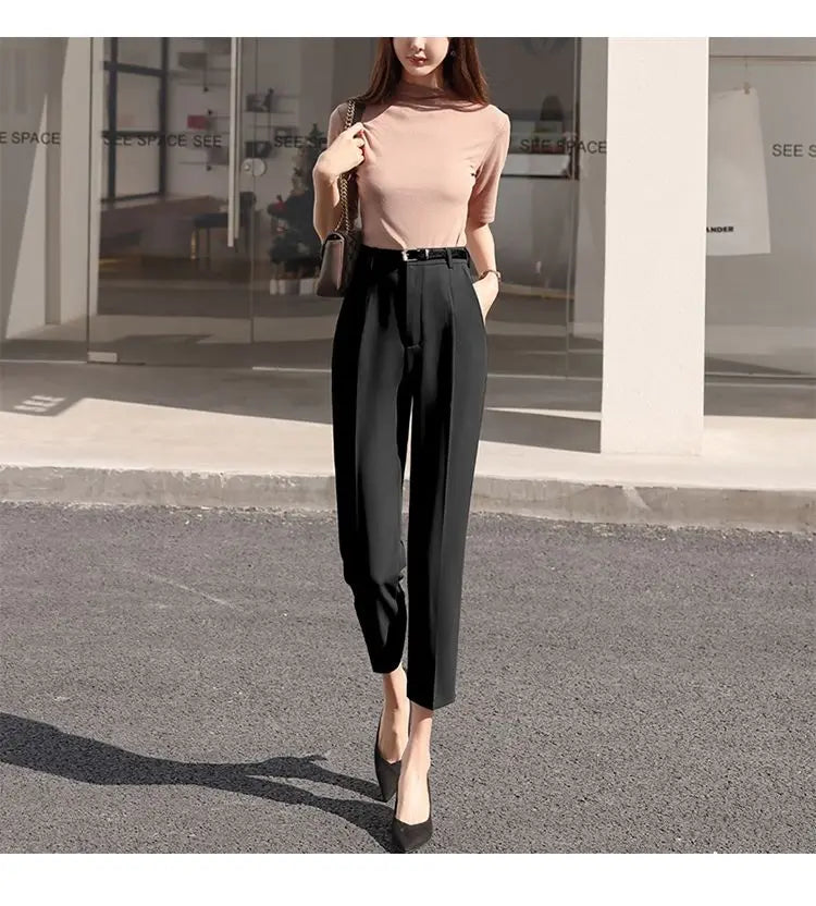 Office Lady Fashion Coffee Harlan Suit Pants Spring Summer Thin Women Koreon Women High Waist Casual Slim Cropped Trousers 2023